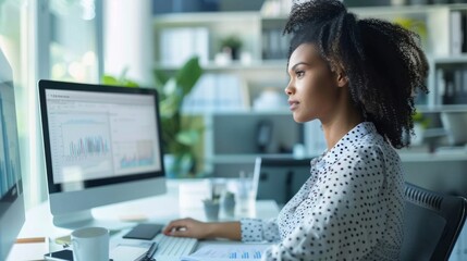 Fototapete - Businesswoman analyzing a line graph on a computer, with notes and reports scattered on her desk.