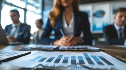 Poster - Businesswoman explaining a detailed bar graph during a strategy meeting, with attentive colleagues.