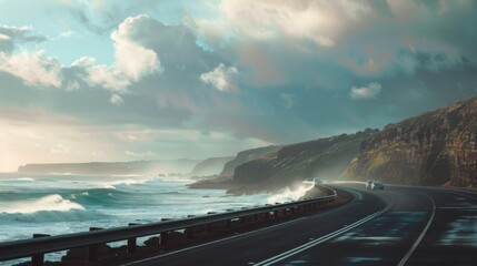 Wall Mural - Car driving along a coastal highway, with waves crashing against cliffs and a dramatic sky overhead.