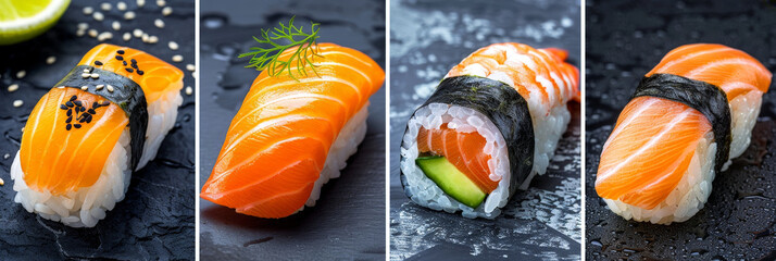 Poster - Four individual pieces of salmon nigiri sushi on a black slate plate with water droplets. One piece is topped with black sesame seeds, one is topped with dill, and one has a cucumber center