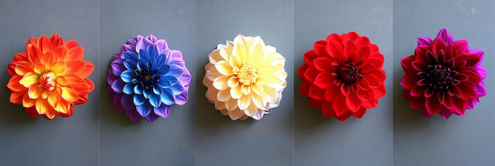 Aufkleber - Five vibrant Dahlia flowers, each a different color, are arranged in a row on a plain gray background