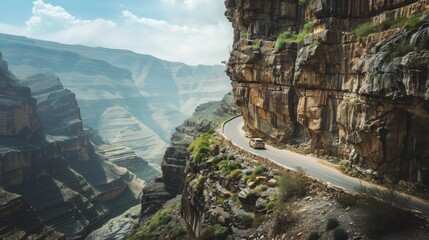 Wall Mural - Car driving along a narrow mountain road with steep cliffs on one side and sweeping valleys on the other.