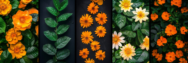 Aufkleber - A close-up, flat lay collage of four different types of flowers arranged in vertical sections on a black background