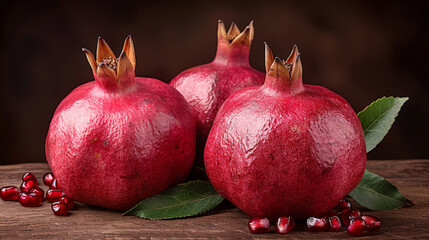 Aufkleber - Three vibrant red pomegranates are arranged on a rustic wooden table. The fruits are ripe and glistening, exuding freshness and natural beauty in a simple and elegant setting
