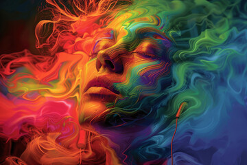 Leinwandbilder - A vibrant painting depicting the head of a woman, showcasing a mix of bold colors and intricate details