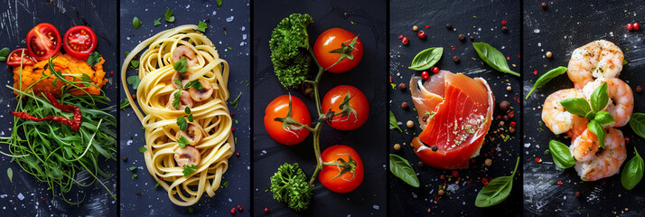Poster - A variety of different types of food items are arranged neatly on a dark black background. The collection includes fruits, vegetables, meats, cheeses, bread, and pastries placed in an organized manner