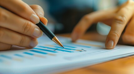 Aufkleber - Close-up of a hand holding a pen, pointing at a line graph on a paper report during a meeting.