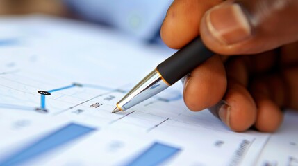 Aufkleber - Close-up of a hand holding a pen, pointing at a line graph on a paper report during a meeting.