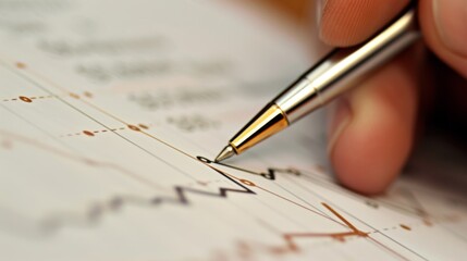 Aufkleber - Close-up of a hand holding a pen, pointing at a line graph on a paper report during a meeting.