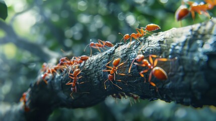 Poster - Close-up of a line of ants marching along a tree branch, showcasing their organized and cooperative behavior.