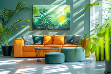 Poster - A modern living room featuring a vibrant orange couch surrounded by lush green plants, creating a refreshing and cozy atmosphere