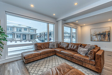 Poster - A living room featuring a brown couch positioned in front of large windows, allowing natural light to illuminate the space