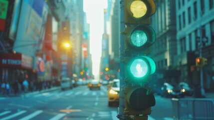 Aufkleber - Close-up of a traffic light turning green, with a bustling city intersection in the background on a sunny day.
