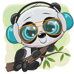 Wall Mural - cartoon panda in glasses and headphones is sitting on a tree
