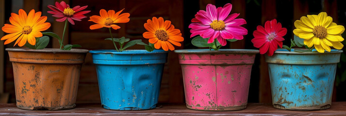 Poster - A row of vibrant pots lined up neatly, each filled with blooming flowers of various colors. The pots are displayed outdoors, creating a colorful and lively scene