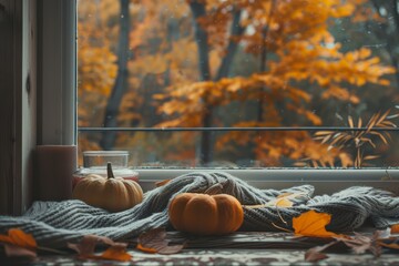 Poster - Warm knit blanket, pumpkins, and leaves on a windowsill with fall foliage outside