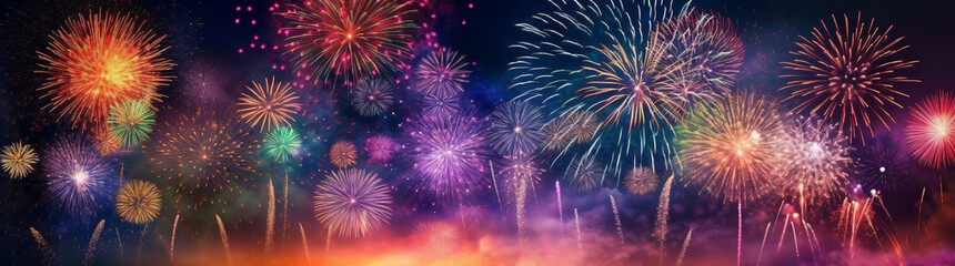 bright, colorful fireworks exploding in the dark night sky, lighting up the darkness with a vibrant 