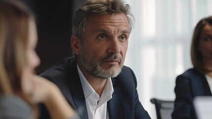 Wall Mural - A middle-aged businessman discussing strategy with his team in a sleek conference room, his demeanor exuding confidence and leadership