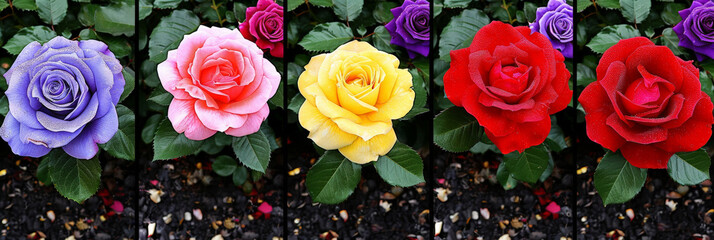 Poster - A row of six roses of various colors, including purple, pink, yellow, red, and maroon, bloom in a garden setting