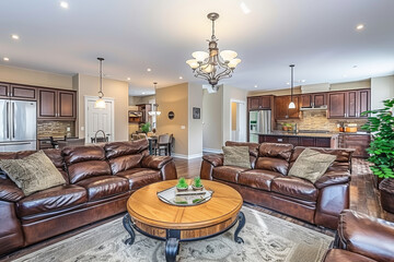 Poster - A view of a living room featuring brown leather furniture and a coffee table, creating a warm and inviting space for relaxation and socializing