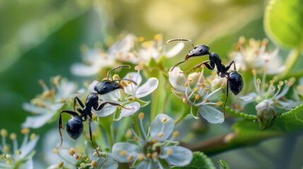 Fototapete - Close-up of ants on a flowering plant, collecting nectar and interacting with the ecosystem.