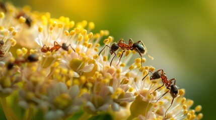 Fototapete - Close-up of ants on a flowering plant, collecting nectar and interacting with the ecosystem.