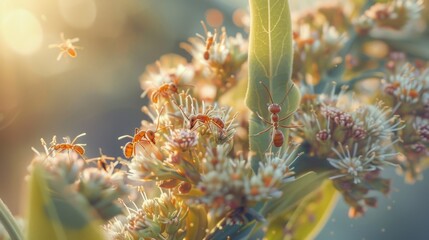 Fototapete - Close-up of ants on a flowering plant, collecting nectar and interacting with the ecosystem.
