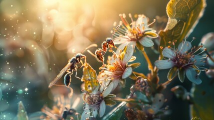 Fototapete - Close-up of ants on a flowering plant, collecting nectar and interacting with the ecosystem.