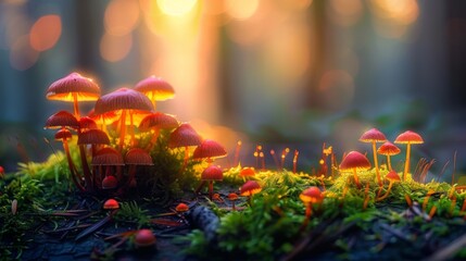 Poster - Close-up of colorful mushrooms growing on a mossy log in a dense forest, with soft sunlight filtering through the trees.