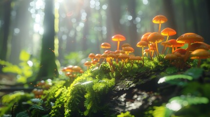 Poster - Close-up of colorful mushrooms growing on a mossy log in a dense forest, with soft sunlight filtering through the trees.