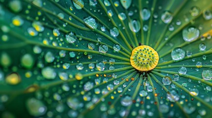 Poster - Close-up of dewdrops forming a pattern on the surface of a lotus leaf, symbolizing purity and tranquility.