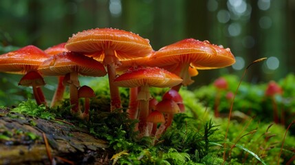 Poster - Close-up of red-capped mushrooms on a log, standing out against the green moss and forest floor.