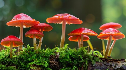 Poster - Close-up of red-capped mushrooms on a log, standing out against the green moss and forest floor.