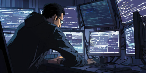  In a dimly lit lair, a tech-savvy cyberpunk furiously manipulates multiple screens, eyes scanning intricate code and encrypted transmissions. They hunt for vulnerabilities to exploit and the next big