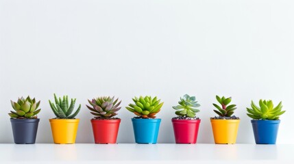 Cute and clean wallpaper of a row of small succulent plants in colorful pots