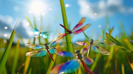 Poster - Colorful dragonflies hovering over a rice field, with their iridescent wings catching the sunlight.