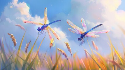 Poster - Colorful dragonflies hovering over a rice field, with their iridescent wings catching the sunlight.