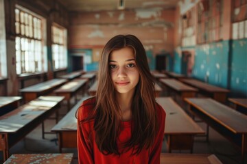 Wall Mural - A female student is taking a photo during her class at a school, with an attractive smile and looking at the camera joyfully.