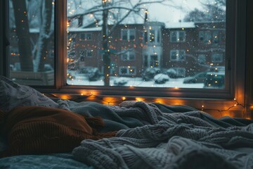 Sticker - Serene winter evening view from a cozy interior with glowing string lights by the window