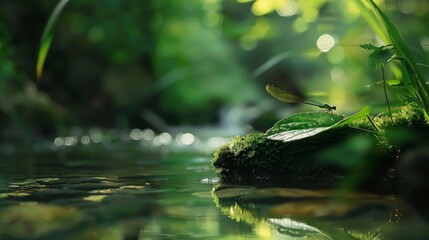 Poster - Damselfly perched delicately on a leaf near a tranquil stream.