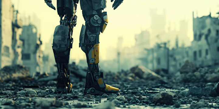 A cyborg warrior stands tall and ready, their advanced prosthetic limbs gleaming in the harsh artificial light, as they stand sentry over a post-apocalyptic wasteland.