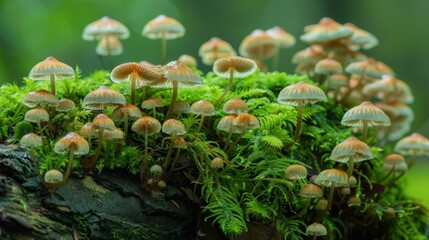 Poster - Detailed view of tiny mushrooms on a moss-covered log, showcasing the diversity of fungi in a natural habitat.
