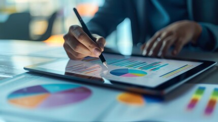 Leinwandbilder - Digital pie chart displayed on a tablet, with a businessperson making notes in a bright office setting.