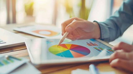 Poster - digital pie chart displayed on a tablet, with a businessperson making notes in a bright office setti