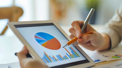Poster - digital pie chart displayed on a tablet, with a businessperson making notes in a bright office setti