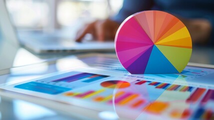 Poster - digital pie chart displayed on a tablet, with a person analyzing the data in a bright office environ