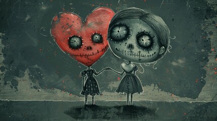 Cute creepy vintage valentines day monster zombie ghost girl and boy couple with a big heart on a dark background