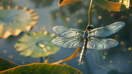 Poster - Dragonfly with translucent wings resting on a leaf, with a pond in the background.
