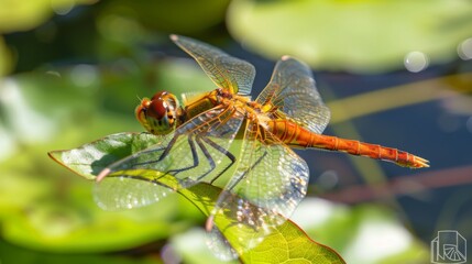 Poster - Dragonfly with translucent wings resting on a leaf, with a pond in the background.