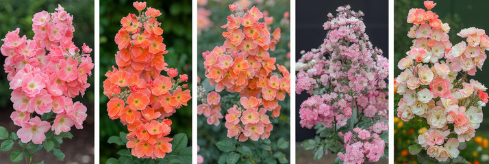 Aufkleber - A row of five floribunda rose bushes in full bloom, with varying shades of pink and peach